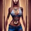 Placeholder: Very muscular woman with long blonde hair and tribal tattoos wearing a torn teeshirt