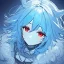 Placeholder: Clear focus, High resolution, rough line sketch art, cute, blue hair, fluffy hair, between eyes, red eyes