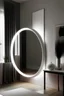Placeholder: Bedroom with Vertically circle shaped standing mirror with white led lights around it.