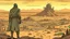 Placeholder: Desert warrior from behind looking at a city on a plateau in the distance, comic style