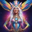 Placeholder: full body photorealistic portrait of a beautiful smiling amazonian carnival spiritual goddess with long parma white hair, colorful feathers tight hips with a tron like body suit tribute to the galaxy in a cosmic surounding only blue , pink and yellow, crystal jewels