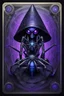 Placeholder: sacred geometry framed playing card, black, blue and purple drum set spider priestess cyber in witch hat shadows boss card in the style of Giger and fallout 4 ,bokeh like f/0.8, tilt-shift lens 8k, high detail, smooth render, down-light, unreal engine