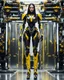 Placeholder: length image full body photo humanoid beautiful woman long hair with body mechanical bLack and yellow inspired design by bumble bee transformer robot sense of luxury technology future background