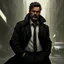 Placeholder: 50 year old Male, has short beard, messy hair, wearing black trench coat, Detailed, Realistic