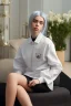 Placeholder: Billie Eilish, sitting on a chair, Black Short Dress, high detail, realistic, 8k