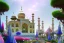 Placeholder: cascade,a magical crystal blue gold taj mahal,flower parc bougainvillier, blue lake,sun,white swanns,pink vertical, blue lake,sharp, vines, candlelit, endor, ornate, elegant, highly detailed, artstation, concept art, smooth, sharp focus, illustration, 8k, splash art, wallpaper, key visual