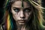 Placeholder: Photoreal gorgeous shot of beautiful young girl with one gold and one green eye, warrior, strong, sad, resilient, vivid vertical rainbow on left side forehead, long black tears below both eyes, forgotten realms fantasy style by lee jeffries, otherworldly creature, in the style of fantasy movies, shot on Hasselblad h6d-400c, zeiss prime lens, bokeh like f/0.8, tilt-shift lens, 8k, high detail, smooth render, unreal engine 5, cinema 4d, HDR, dust effect, vivid color