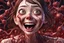 Placeholder: Woman with rare eyes,smiling meanwhile many worms streaming from his mouth, face distorted with pain, screaming, tears streaming, siting pose, fullbody, Junji Ito style, darkred tones,high detailed, 4k resolution, digital paiting, cute, art, no background 3d pixar disney the cinematic FKAA, TXAA, and RTX graphics technology employed for stunning detail.