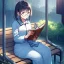 Placeholder: anime girl sitting on a porch swing of an old house, journaling, wearing pajamas, writing in a book, shes watching it rain, more detail on hands and her face,shes deep in her thoughts, wearing glasses, rain drops, she has a pencil in her hand and is writning in the book, she is looking down at what she is writing, lightning