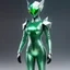 Placeholder: Focus on the standing figure of a green galactic female alien, her skin shimmering with iridescent green. Her eyes, large and multifaceted like precious gemstones, sparkle with a mischievous glint. Clad in a sleek silver suit that hugs her curvy form. The suit seems to be woven from strands of liquid mercury ends with silver boots, reflecting the ambient light in dazzling patterns that dance across its surface. she is a scientist, she stands on the medical bay of her sophisticated spaceship.