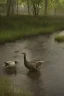 Placeholder: ente steht am bach neben einem wald und denkt nach