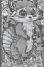 Placeholder: coloring book page of a magical raccon pokemon ,monochrome, black and white, sharp, sketch drawing