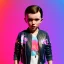 Placeholder: Millie bobby brown toddler, full body, leather jacket, floral shirt, floral skirt, Nike sneaker, soft skin, city background, dramatic lighting, hyper realistic