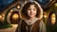 Placeholder: little young hobbit girl, beautiful, confident, calm, wise, happy, innocent, facing camera, head and shoulders, curly hair, hobbit clothing, perfect eyes, LOTR village, hobbit homes with circular windows and round doors, night scene, stars, fireflies, 16k artistic photography, exquisite composition, photorealistic concept art, soft natural volumetric light, chiaroscuro, award-winning photograph, masterpiece, style William-Adolphe Bouguereau