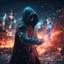 Placeholder: hooded marble archer covered with glowing crystals, fire particles in air, destroyed city in background, night, bright colors, glowing sparkle particles, dark tone, sharp focus, high contrast, 8k, incredible depth, depth of field, dramatic lighting, beautifully intricate details, clean environment, epic dynamic scene