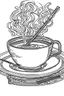 Placeholder: Outline art for coloring page, A SHORT LIT CIGARETTE WITH WHISPS OF SMOKE LYING FLAT ON A SAUCER NEXT TO A JAPANESE CHAWAN TEACUP, coloring page, white background, Sketch style, only use outline, clean line art, white background, no shadows, no shading, no color, clear