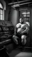 Placeholder: sardininan strong chubby 30 year old man in bulging tracksuit, short beard, shirtless, printer in an old printing house, next to a huge old printer, dim light, side light, ambient occlusion