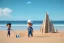 Placeholder: Toddler Elon Musk building a tall skinny space rocket That looks like a sandcastle on the beach, Blue shovel, plastic bucket, sunglass