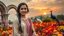 Placeholder: Hyper Realistic Photographic Close 3rd-Rule View Of A Beautiful Pashto Woman (With Beautiful Eyes Lips & Nose, & Long Black braid Hairstyle ; Wearing Beige Frock With Maroon & Purple Stripes & white embroidery) Happily Standing In A Beautiful Colorful Flower Garden With Fancy Stone Arches & A Peacocks Far Behind Her At Beautiful Cloudy Sunset Showing Dramatic & Cinematic Ambiance.