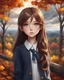 Placeholder: 2D anime style, adorable digital painting, beautiful fantasy art, beautiful lovely eyes, cute, pretty face, full body view. Sarah, a 15-year-old girl with long brown hair and hazel eyes, school uniform, surrounded by autumn trees and gloomy cloudy sky and beautiful landscape, high detailed, high quality, 4k