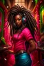 Placeholder: Create a digital airbrush cartoon of a curvy African American female wearing a hot pink jean outfit with timberland boots. Prominent make up with hazel eyes. She is wearing large diamond hoop earrings. Extremely highly detailed very long dread locs hair that shines. Background of a night club.