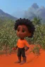 Placeholder: 3D render of a cyberpunk tribal young black man, black hair, hooded, on a orange dune background, digital art