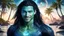 Placeholder: beautiful gorgeous young man na'vi with long hair, Avatar, blue skin, two small ears, green eyes, black hair, in cosmic suit, galactic ambiance, little pointy goatee , smiling, with spaceship and planets and palm trees and clear crystaline cosmic beach in background