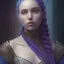 Placeholder: Thee quarters view, portrait, woman, warrior, beautiful, extravagant dark purple and blue attire, dark blue hair, intricate braids with beads, high fantasy, digital painting, trending on artstation, concept art, sharp focus, extreme detail, very high quality, art by artgerm and greg rutkowski