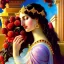 Placeholder: Hyperdetailed oil on canvas, young annie henley at a temple fountain, beautiful, detailed face, long dark hair, surrounded by luminous colorful sparkles, airbrush, depth of field, raspberries, blackberries, octane render, by gaspar camps, maxfield parrish, alphonse mucha, cyril rolando, volumetric lighting, dusk, 16k