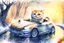 Placeholder: Cute little happy cat scarecrow riding a luxury car, forest path background, winter, snowflakes swirling, waterfall, reflection, mist, sunrise, smooth intricate photorealistic hyperrealistic high definition beautiful lighting pencil sketch watercolor dramatic lighting storybook illustration polished Deep shadows deep color warm light shiny glitters