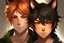 Placeholder: A young adult male with messy black hair, gold eyes, black cat ears, realistic, slight smile with A female with short red hair, dark green eyes, large orange fox ears on top of her head, slight smile, pale skin, realistic