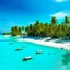 Placeholder: A pristine tropical island with palm trees, speed boats, crystal-clear turquoise waters, and a deserted white-sand beach.
