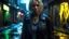 Placeholder: A disheveled Caucasian woman with short, choppy blonde hair, wearing a tattered black leather jacket and ripped jeans, stands in a rain-soaked alleyway at night, a neon sign reflecting in her haunted eyes, lost in an identity crisis.