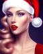 Placeholder: girl in Santa hat, close up portrait, Christmas, smiling, red lipstick, blonde hair