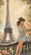 Placeholder: a painting of a girl in front of the eiffel tower, paris background, portrait of paris, romance book cover, cute storybook illustration, french girl, with eiffel view, by Lü Ji, paris, eiffel tower, promotional poster art, as a tarot card, a beautiful artwork illustration, romanticism art style, children's book cover, nouveau painting, infp girl