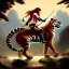 Placeholder: ultra detailed portrait of beautiful Red Sonja riding a Great tiger ,wearing plate armor, extremely detailed digital painting, in the style of Robert Howard and Earl Norem and fenghua zhong and ruan jia and jeremy lipking and peter mohrbacher, mystical colors, rim light, beautiful lighting, 8 k, stunning scene, raytracing, octane, trending on artstation