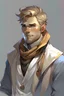 Placeholder: Dnd, rpg, human, male, man in his early thirties, Dishonored video game art style, golden blonde wavy short hair and blue eyes, victorian commoner clothing, white tunic, warm brown vest, dark warm brown blazer, dark orange scarf, stubble, confident, gold hair, blue eyes