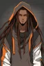 Placeholder: Anime male, age 23, long thick dreadlocks doing down past neck length, orange highlights in hair, dark brown natural hair color, black and gold hoodie with the hood down , lean slim muscular body, cybernetic features on face, gold features in hair, relaxed smile