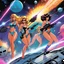 Placeholder: Three powerful women in metallic, futuristic bikinis engage in a dynamic laser blaster battle on a space platform. The artwork is rendered in a vibrant, vintage comic book style with psychedelic colors, retro spaceships, and cosmic explosions.