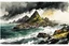 Placeholder: an abstract ink wash and watercolor lithographic illustration of a storm tossed, highly detailed coastal fishing village in the mountainous islands of Lofoten , with ominous storm of the century thunderheads and pounding surf , finely drawn and inked, 4k, hyper detailed and vibrantly colored in the comic art style of Bill Sienkiewicz and Frank Miller