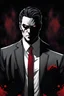 Placeholder: A menacing, shadowy figure draped in a suit. His suit is black, and his shirt is white with some red blood. He looks like a businessman, but his glare and the way he is standing in the picture give off an evil or mysterious vibe. His eyes are evil , dark, deep colors, detailed, sinister, dark thriller mood