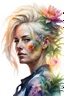 Placeholder: white background, cyberpunk, watercolor, Woman 48 years old, blonde, portrait painting, acrylic, summer sunset, plant hair, flower clothes, double exposure, fine rendering, high detail, high resolution, 8K