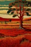 Placeholder: A red grassland plain with cypress trees designed in Navajo woven art painted by Vincent van Gogh