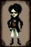 Placeholder: black haired black eyed young man necromancer steampunk Gnome that looks like a young Edgar Allan Poe with gothic jewelry in the style of Charles Addams