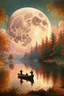 Placeholder: Realistic oil painting of a serene lake with a massive hunters moon in the background, two fishermen in a small boat, intricate details of trees and reflections on the water, by Thomas Moran and Claude Monet, (long shot), warm colors, peaceful atmosphere