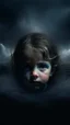 Placeholder: Mourning in dephts of ocean , a halo face of a child a smoky clouds in dark gloomy foggy background with very small dem light