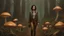 Placeholder: woman with black hair, in light brown leather trousers and jacket, walking through a forest of Alien mushrooms with jellyfish tentacles, photorealistic, Deep Colour, Intricate Detail, Keith Parkinson