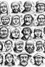 Placeholder: diferent medieval faces of diferent medieval people with diferent expressions, some dramatic, somo happy. the style is minimal black and white stamp. in the sheet there are more than 5. very diverse court memebers and everyday people. man, woman, kids. white background