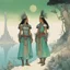 Placeholder: [art by W. Heath Robinson] In the realm of Eldoria, two indigenous girls stand tall, Clad in armor and adorned with tribal tales that call. With bows in hand, they gaze towards a mystical oasis, Where aqua waters meet luminous green in a magical stasis. Their bodies bear tattoos of valor and ancient lore, As they guard a forgotten prophecy, their spirits soar. Under the enchanted tree's shade, they sit in contemplation, In a world of heroes and villains, a realm of imagination. Their presence i