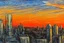 Placeholder: Sunset, futuristic buildings near trees, highway, people, sci-fi, tendency to impressionism, realistic painting